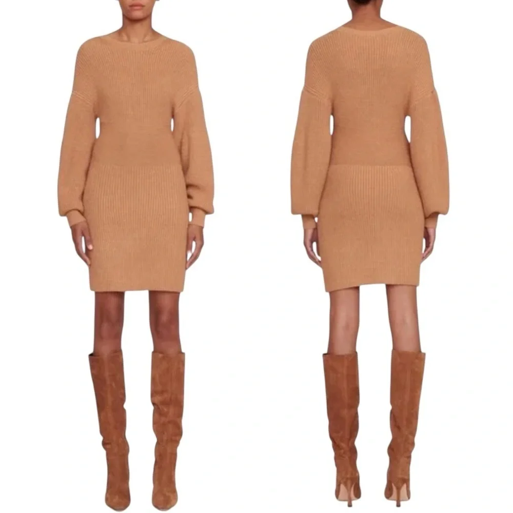 STAUD Marylebone Knit Sweater Dress‎ in Camel - Picture 2 of 11